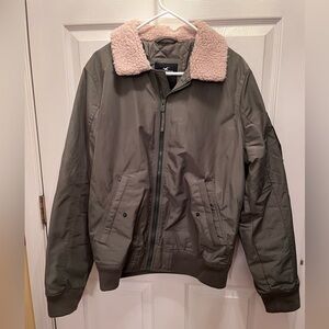 Hollister Olive Bomber Jacket with Soft Plush Collar